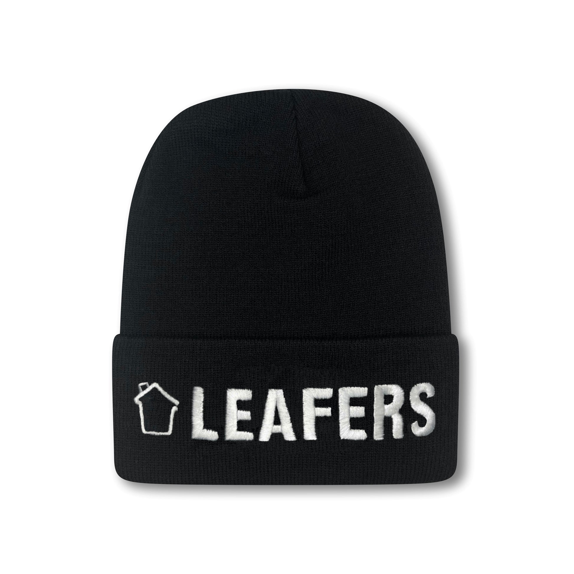 Black beanie with 'LEAFERS' branding on a white background